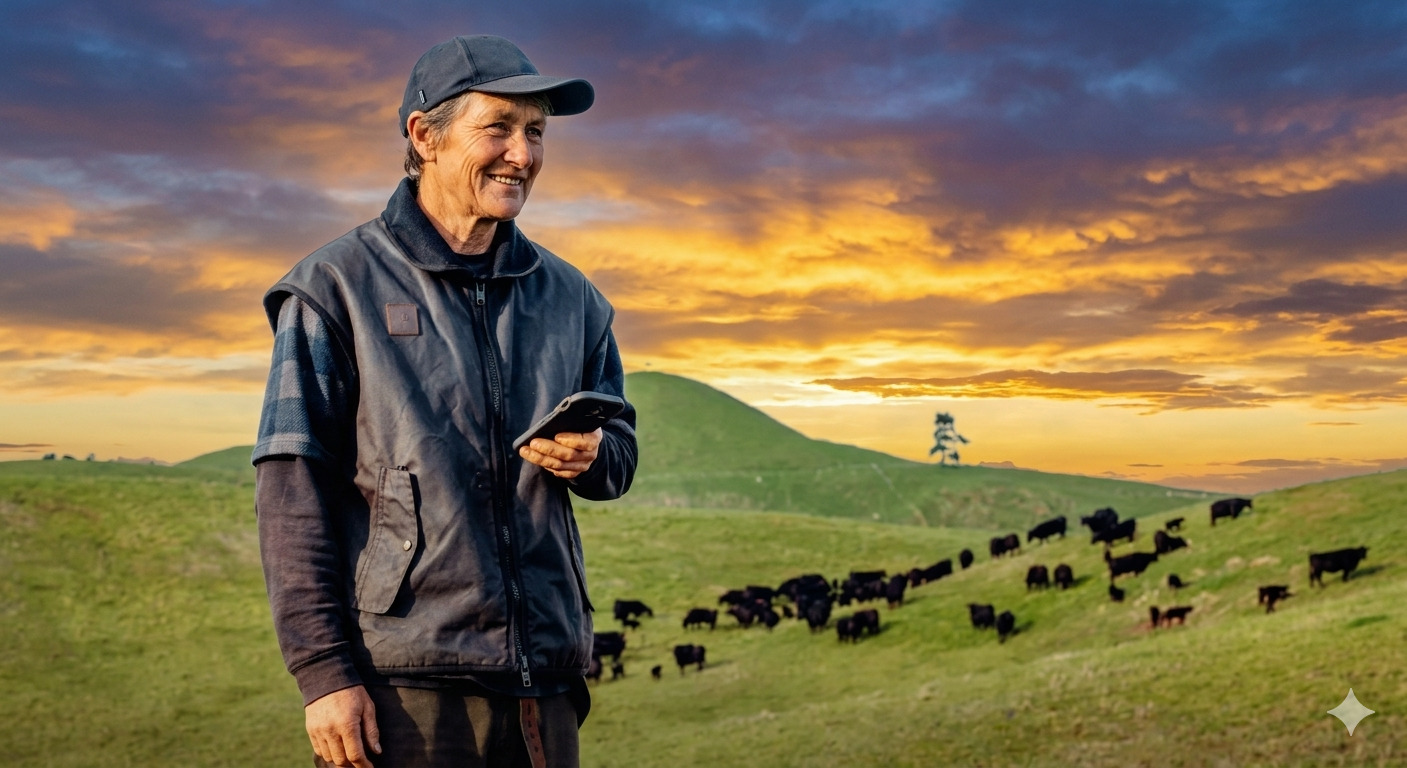 Productor revisando el campo desde el teléfono