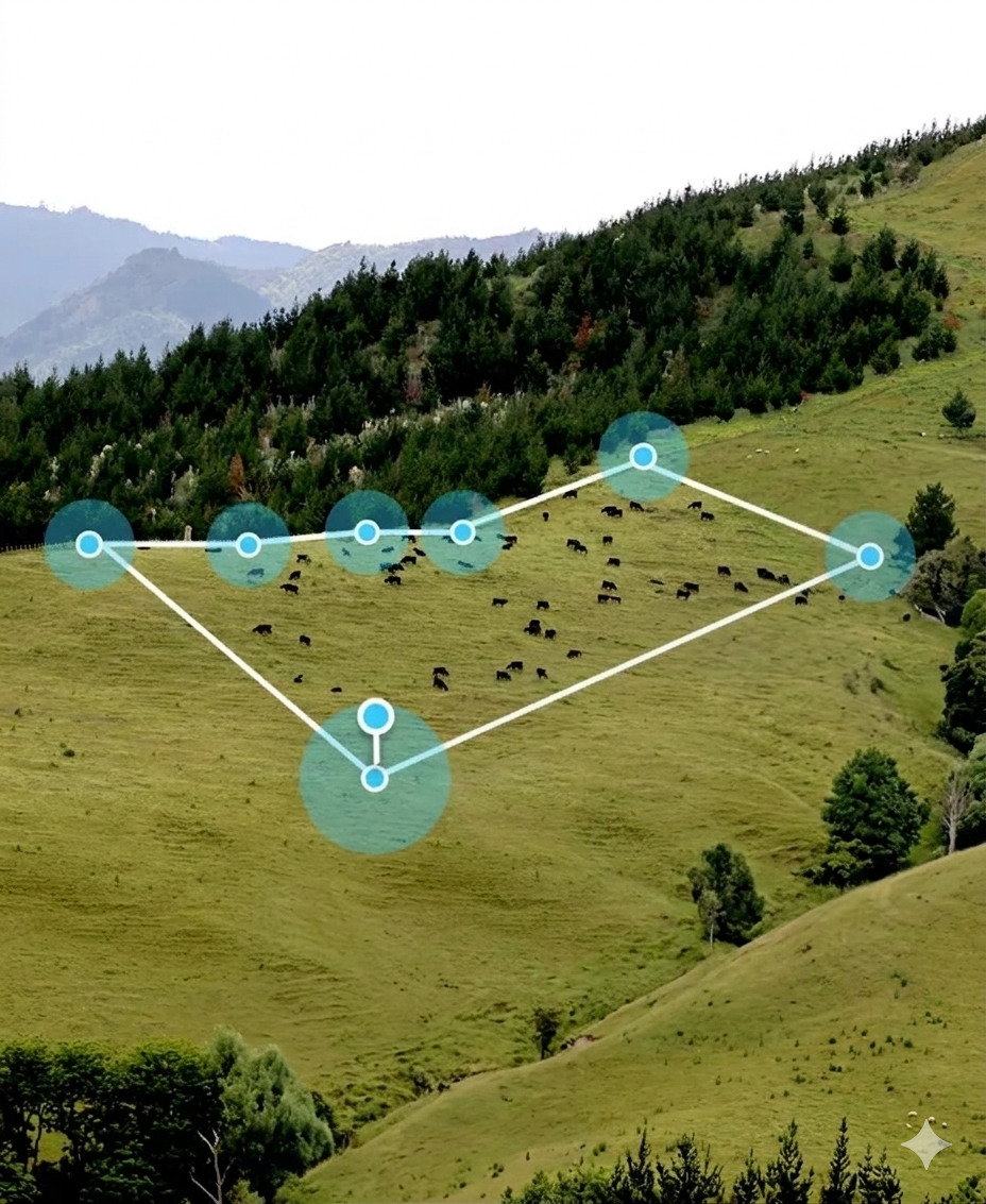 Esquema de cercado virtual sobre pastizal